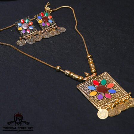 Golden multi 2 Arghyaa Square Matt Finish Kundan Long Necklace Set A beautiful pendant with chain.
